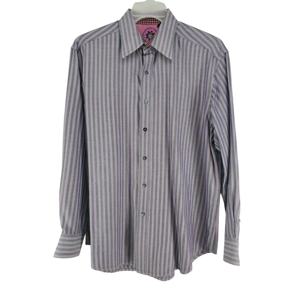 Robert Graham Button Up Shirt Men's Sz Large Purple Black Stripe